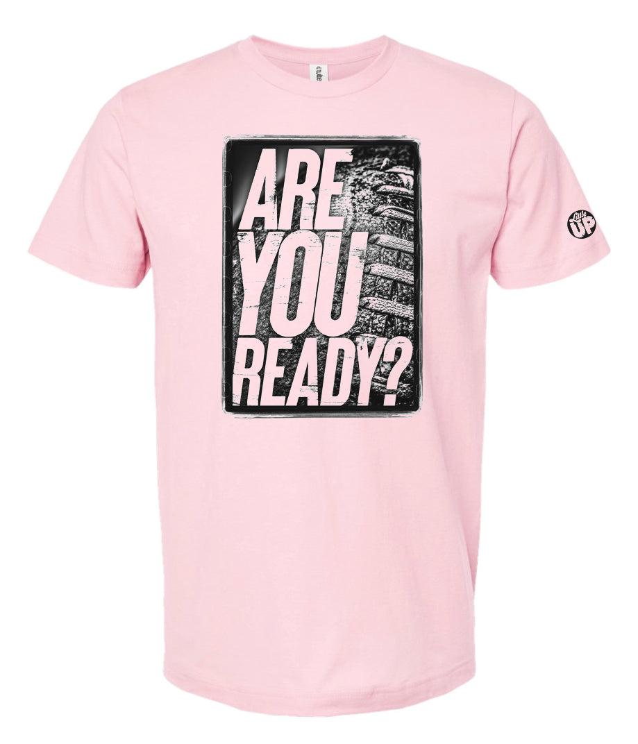 black and white image, "ARE YOU READY?" on old American football photo with rough border on pink t-shirt