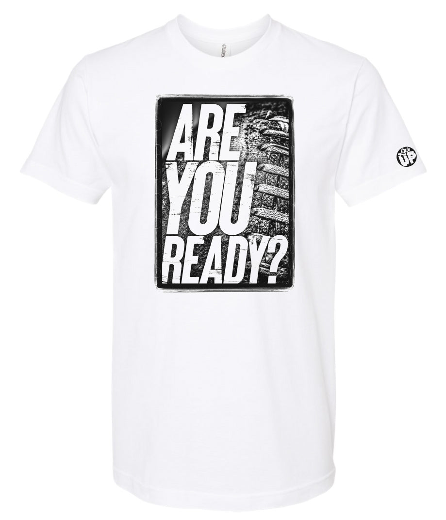 black and white image, "ARE YOU READY?" on old American football photo with rough border on white t-shirt