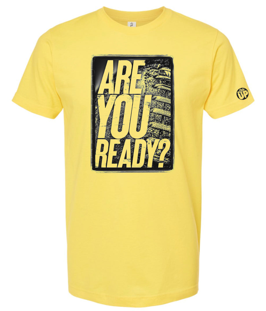 black and white image, "ARE YOU READY?" on old American football photo with rough border on yellow t-shirt