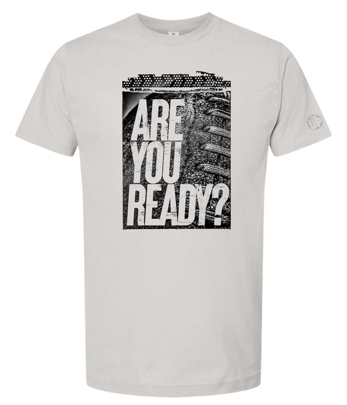 Gray t-shirt with 'Are You Ready?' graphic design on a white background