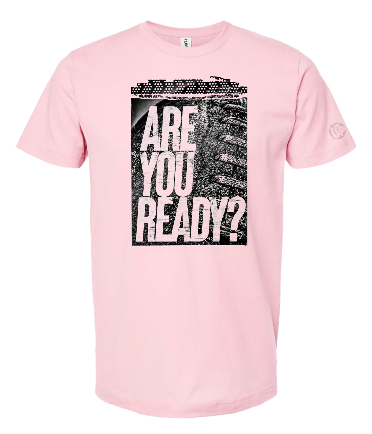 Pink t-shirt with 'Are You Ready?' graphic on a white background