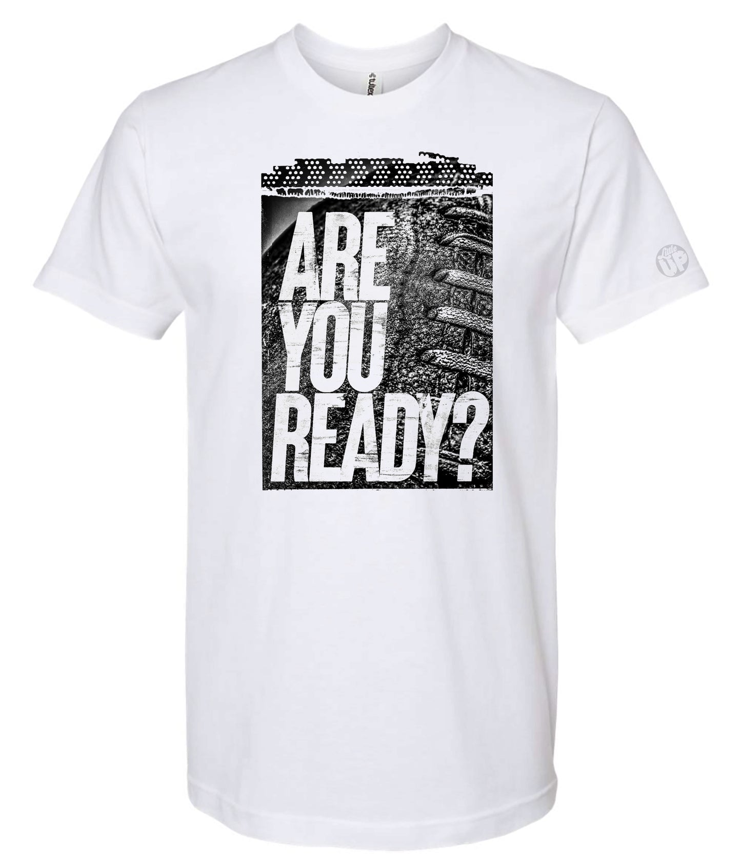 White t-shirt with 'Are You Ready?' graphic design on a white background