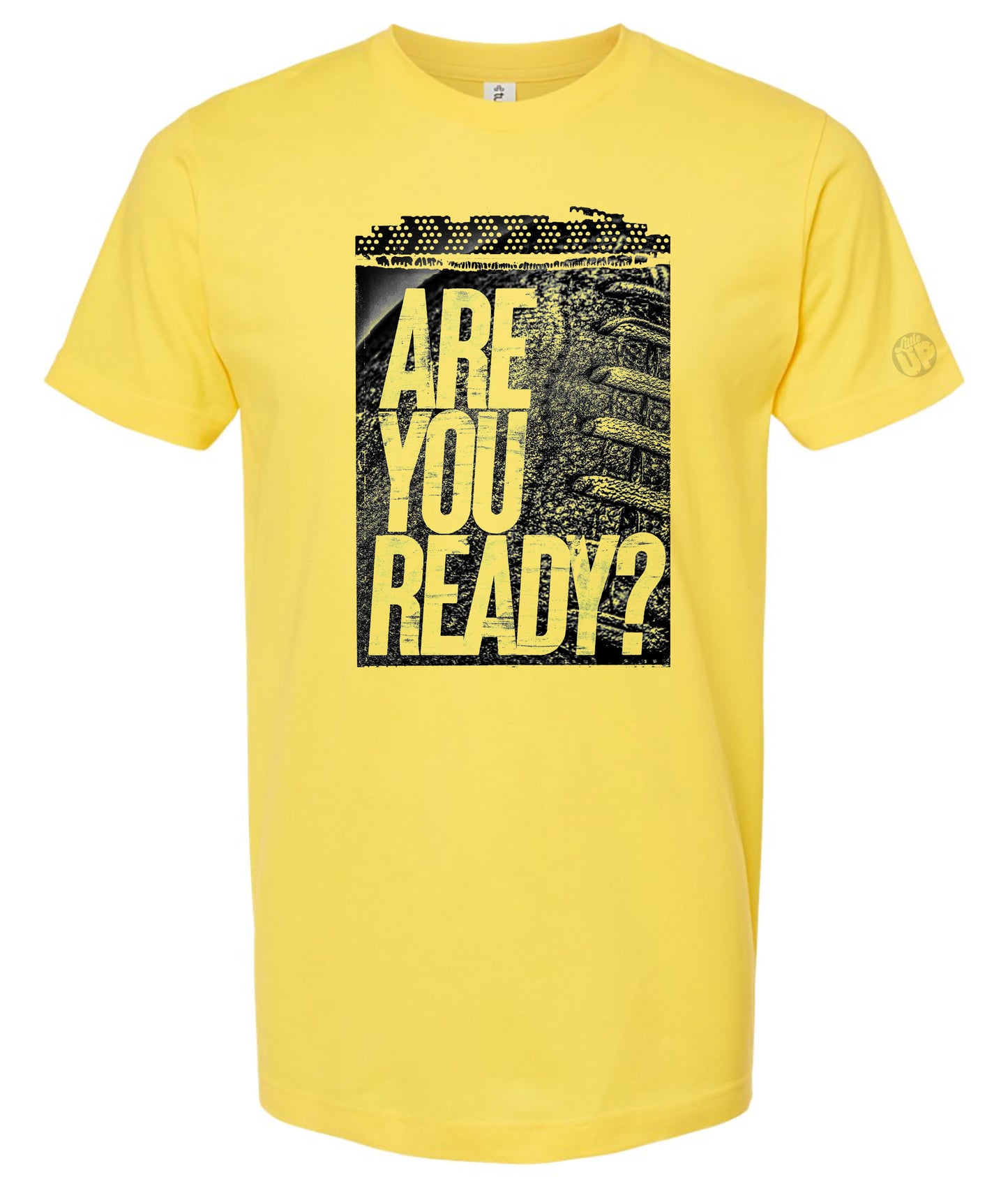 Yellow t-shirt with 'Are You Ready?' text on a white background