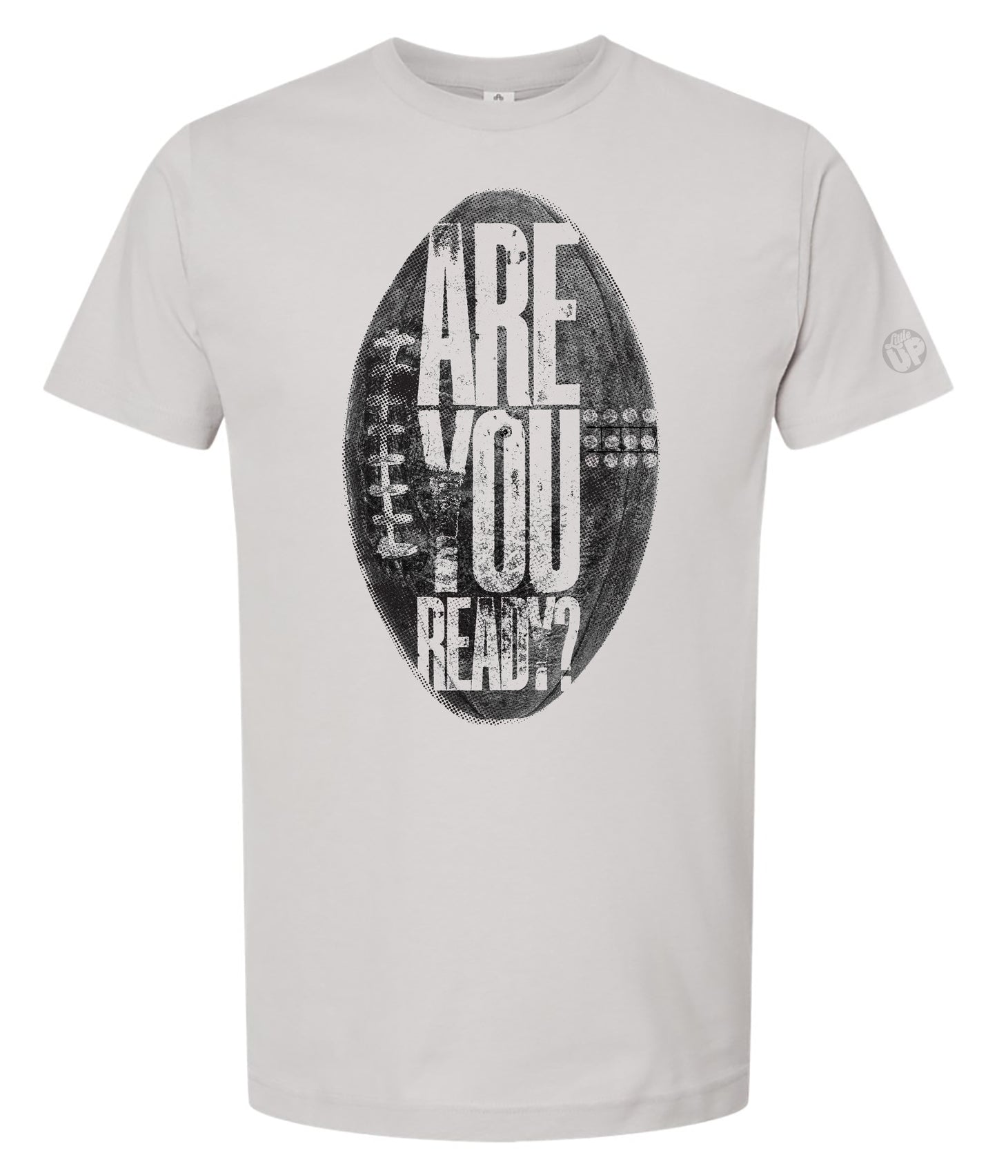 White t-shirt featuring a large, distressed graphic of a football with the words "Are You Ready?" in bold white letters, creating an energetic tone.