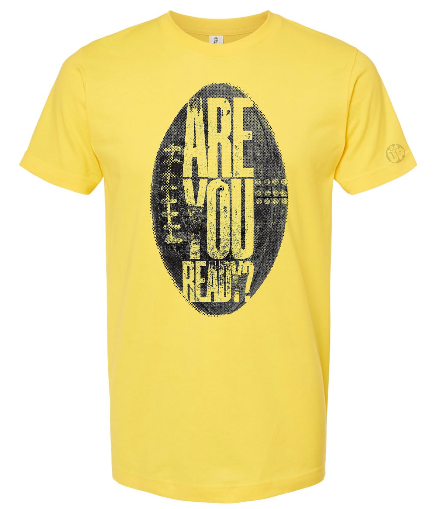 Yellow t-shirt with black graphic and text 'ARE YOU READY?' on a white background