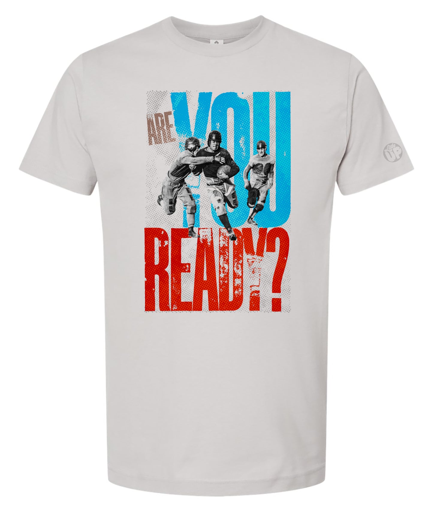 Gray t-shirt with graphic design and text 'ARE YOU READY?' on a white background