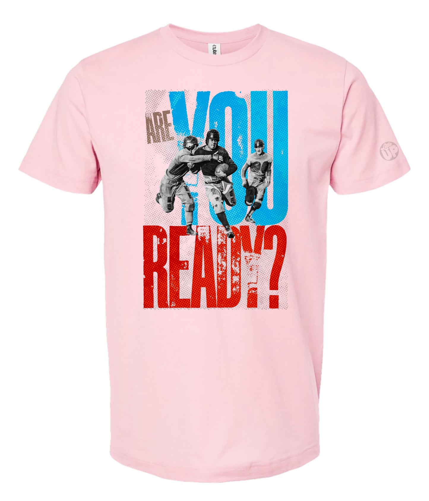 Pink t-shirt with graphic design and text 'ARE YOU READY?' on a white background