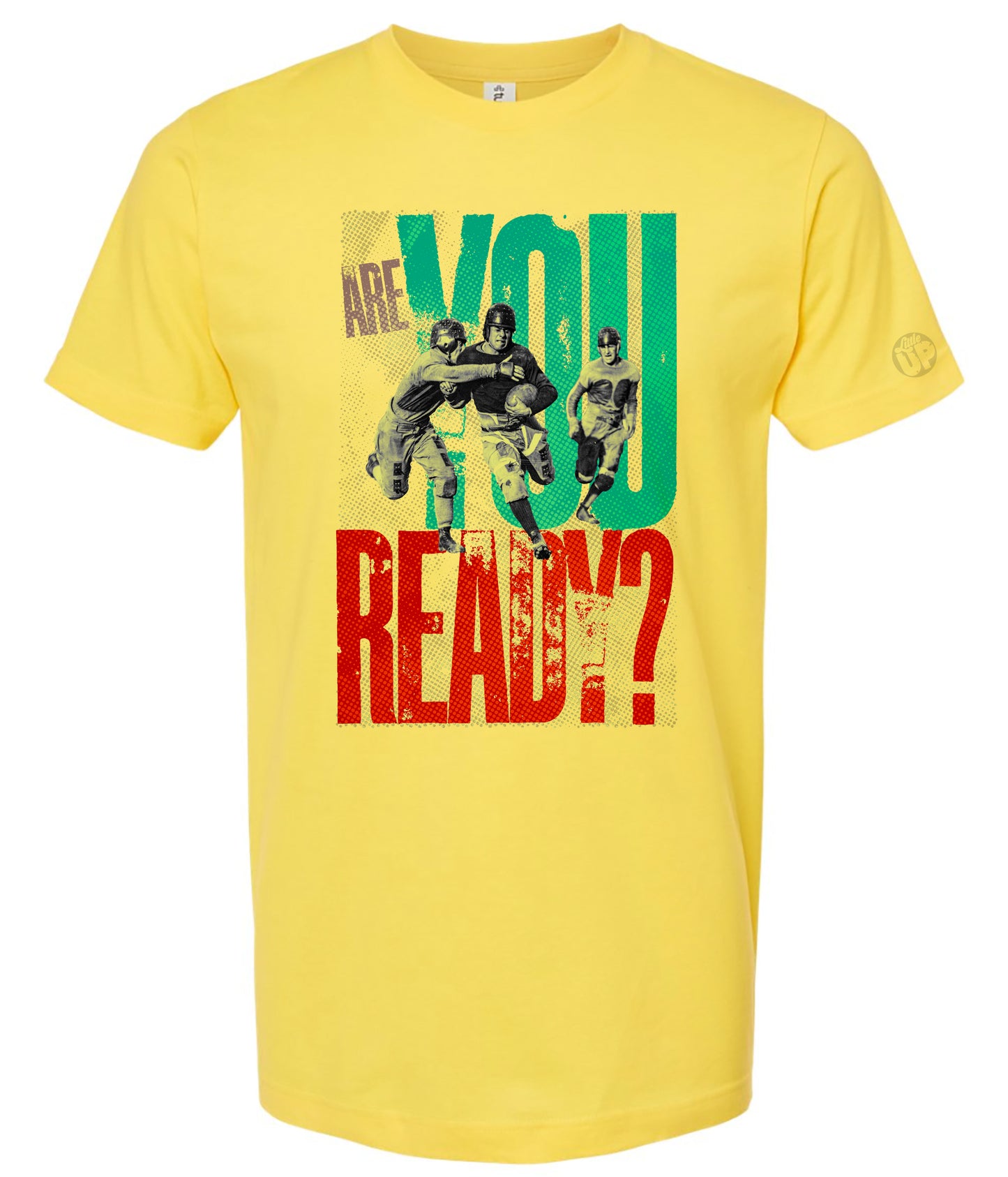 Yellow t-shirt with graphic design and text on a white background