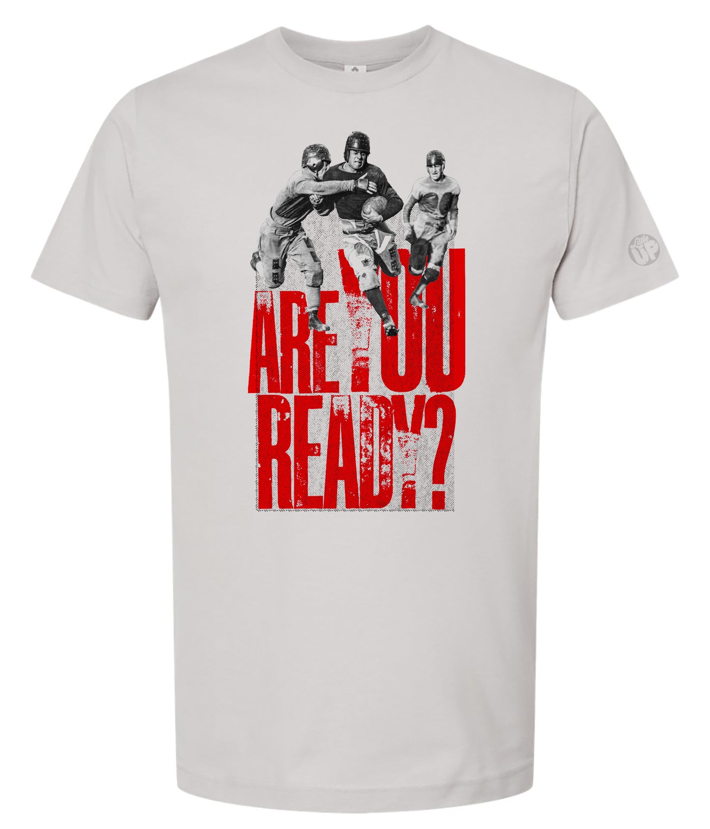 Gray t-shirt with graphic of three people and 'Are You Ready?' text on a white background