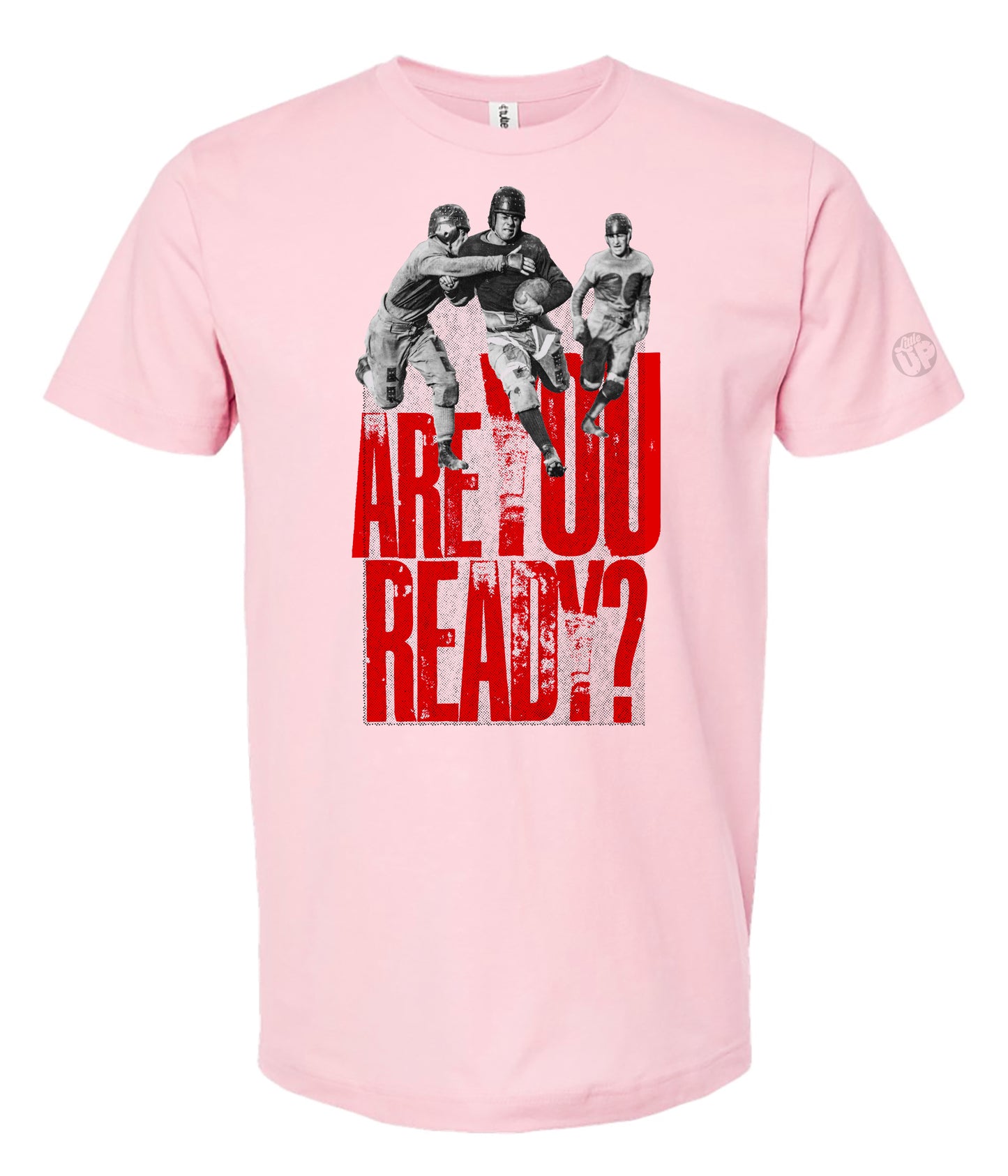 Pink t-shirt with graphic design and text 'ARE YOU READY?' on a white background