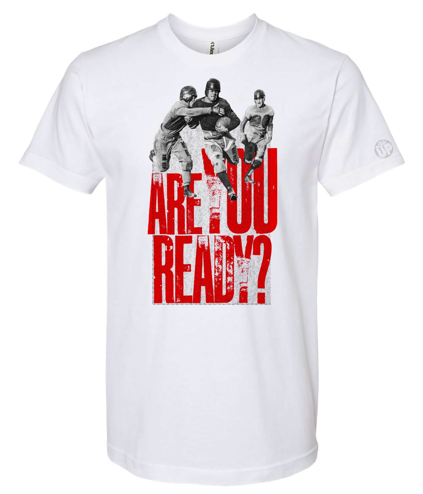White t-shirt with graphic design and text 'Are You Ready?' on a white background