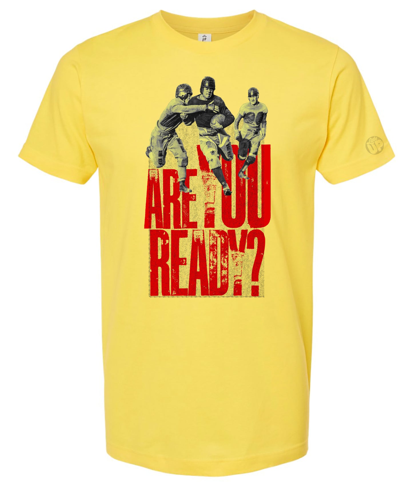 Yellow t-shirt with graphic design and text 'ARE YOU READY?' on a white background
