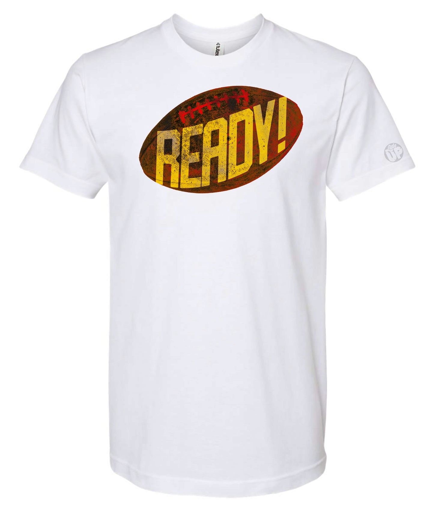 White t-shirt with a football graphic and 'READY!' text on a white background