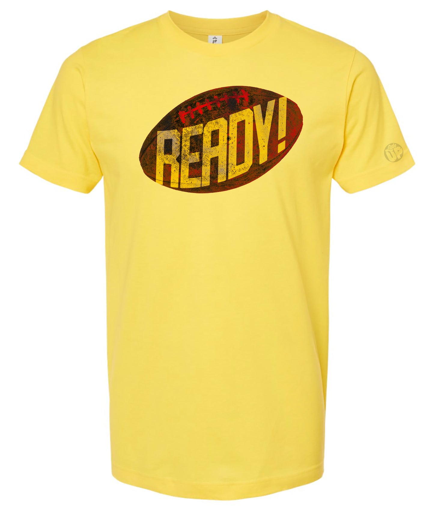 Yellow T-shirt featuring a weathered football graphic with the word "READY!" in bold red and yellow letters, conveying a sporty and energetic vibe.