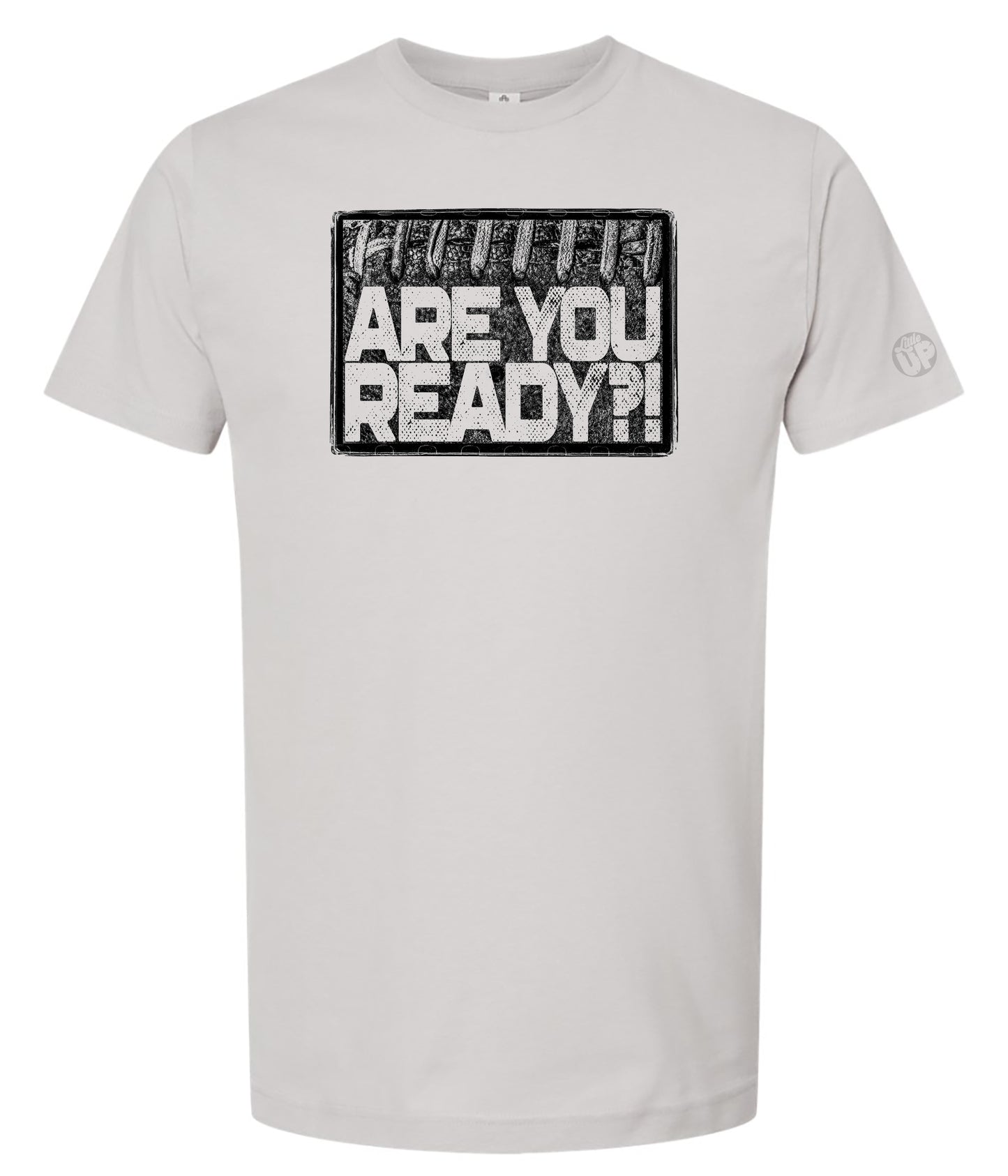 Gray t-shirt with black and white graphic text on a white background