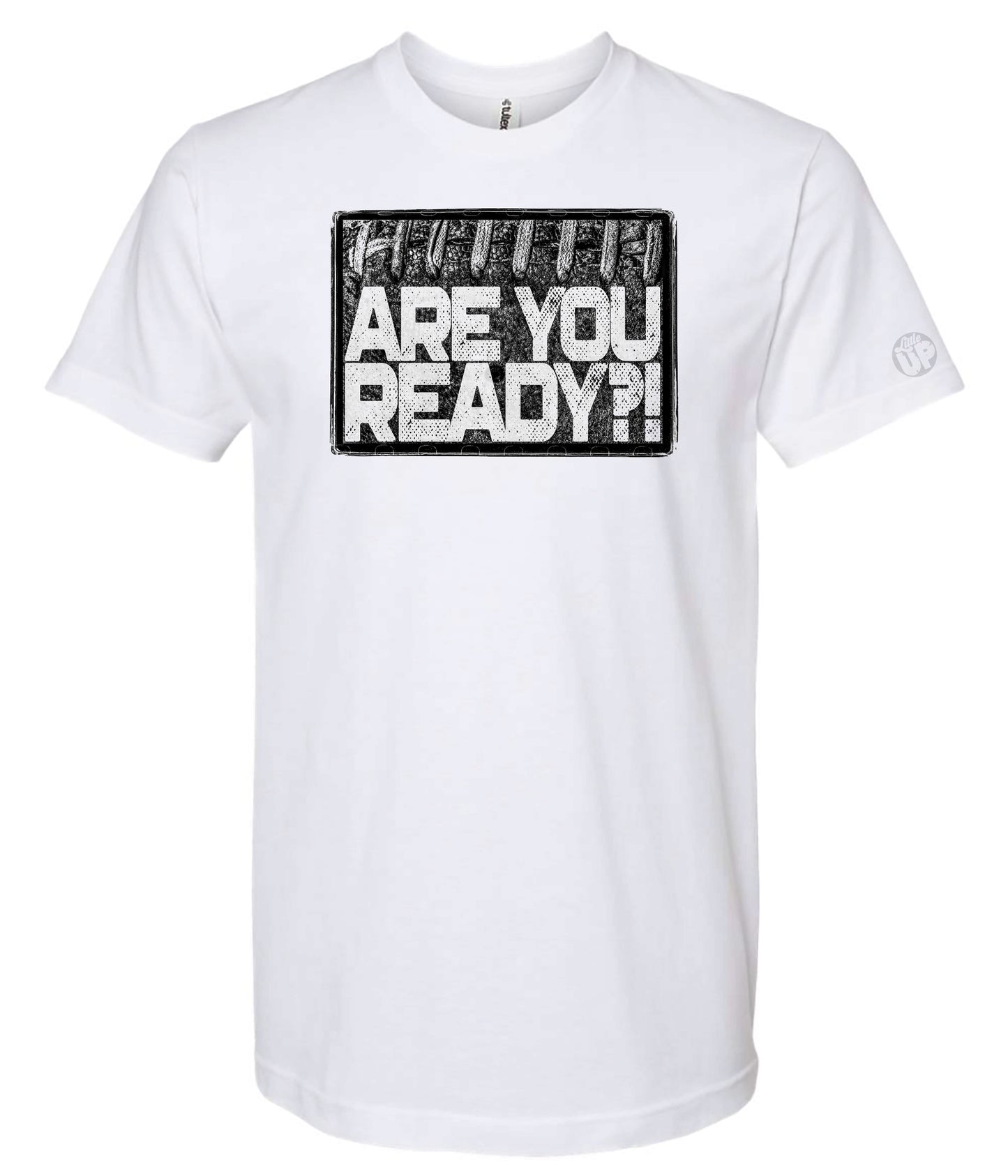 White t-shirt with black and white graphic text on a white background