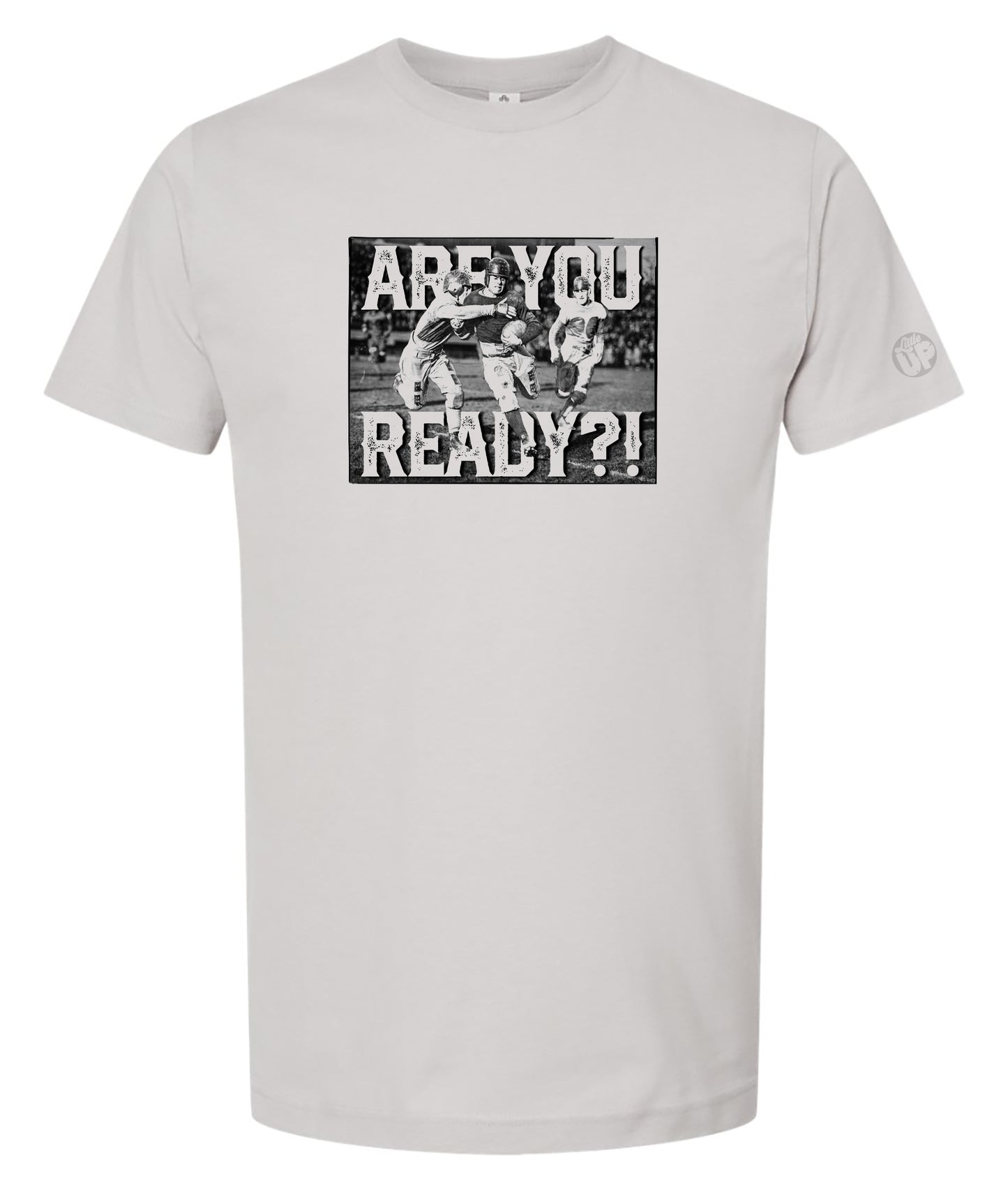 Light gray t-shirt featuring a vintage-style image of three football players in action with bold text "ARE YOU READY?!" conveying excitement and anticipation.