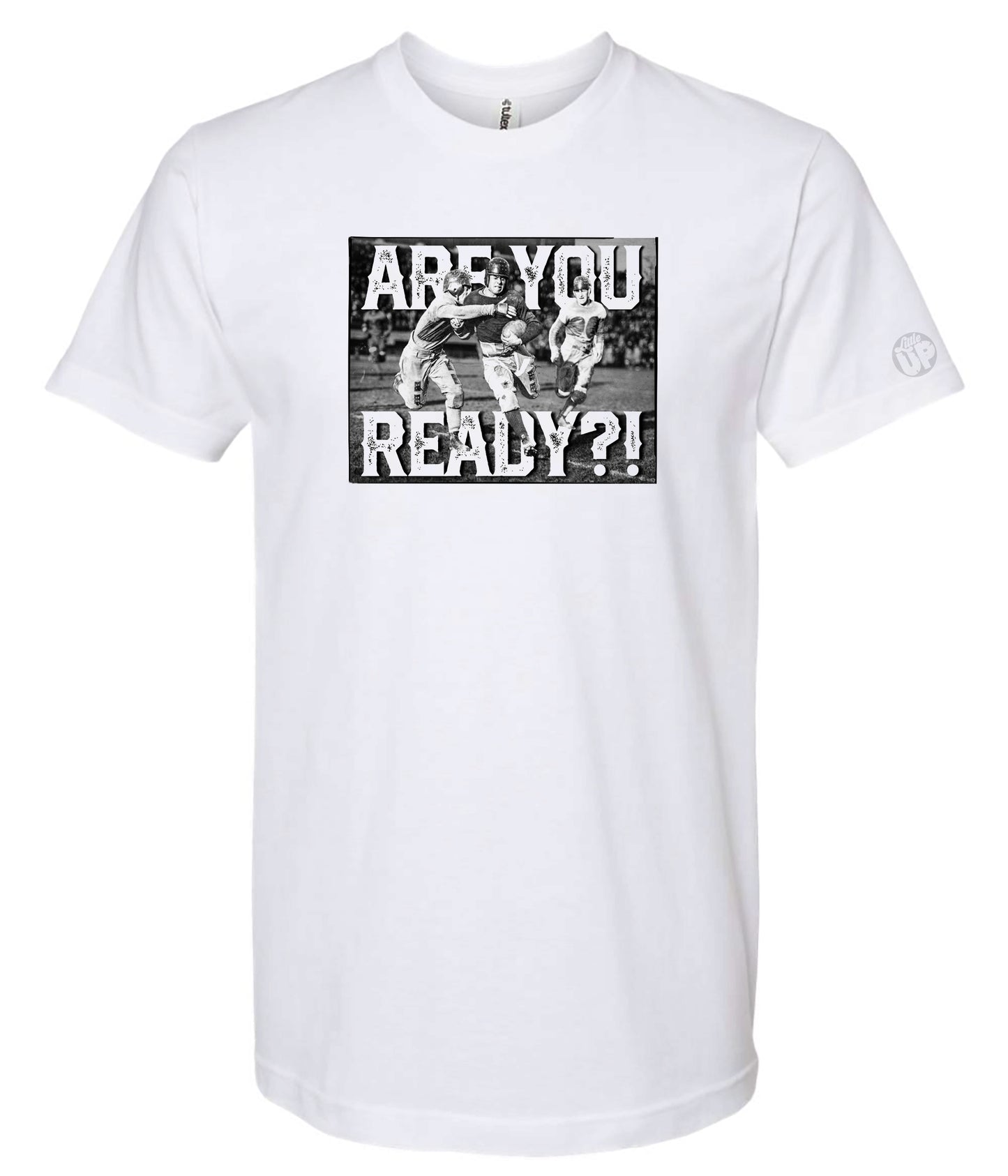 white t-shirt featuring a vintage-style image of three football players in action with bold text "ARE YOU READY?!" conveying excitement and anticipation.