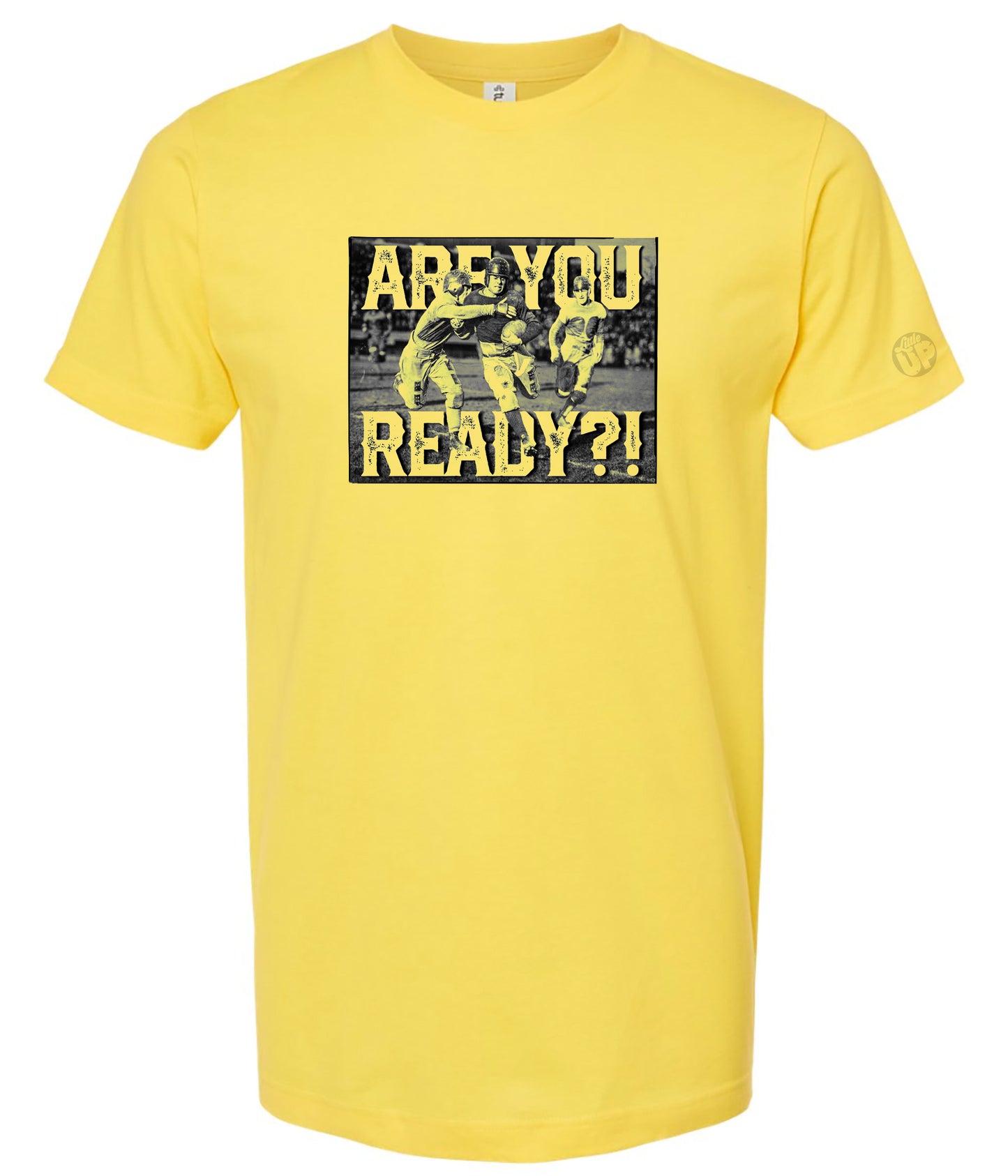 Yellow T-shirt with a graphic showing two football players in action. The bold caption "ARE YOU READY?!" adds an energetic, motivational tone.