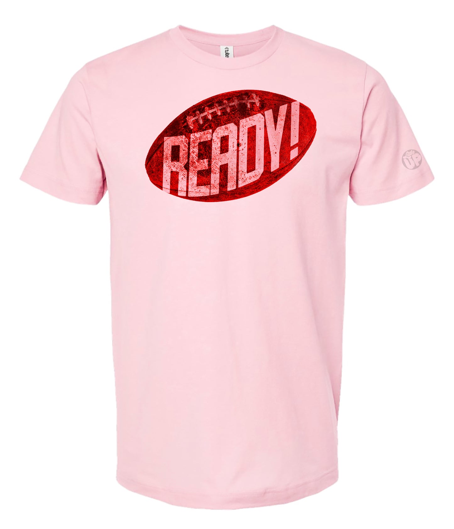 Light pink t-shirt featuring a large red football with the text "READY!" in bold letters across it, conveying enthusiasm and energy.