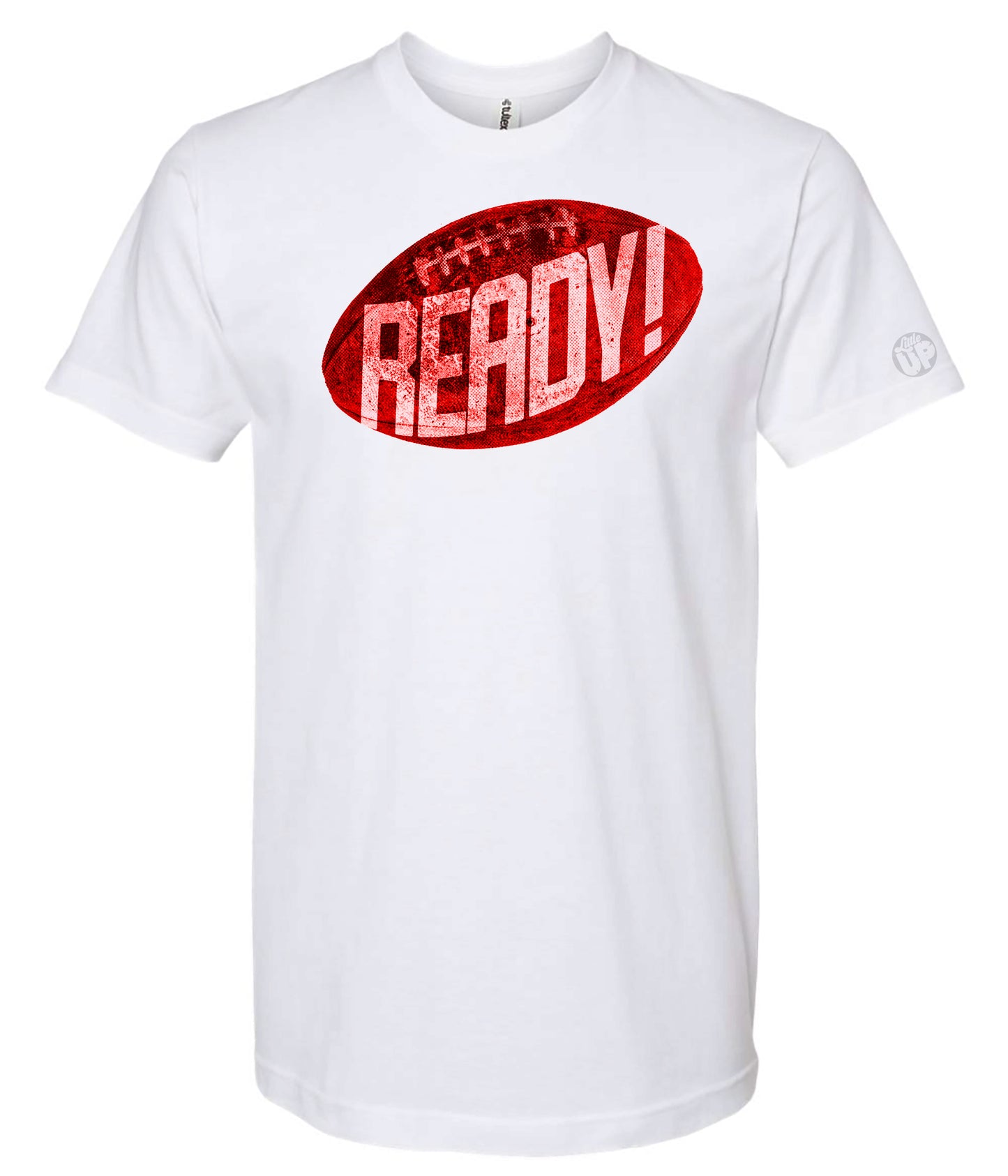 White T-shirt featuring a bold red football-shaped graphic with the word "READY!" in block letters, conveying energy and enthusiasm.
