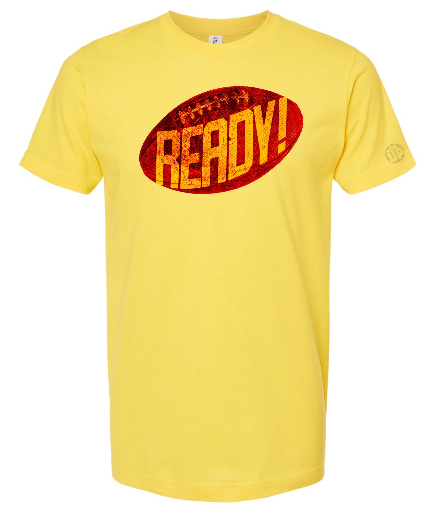 Yellow T-shirt with a vibrant orange football design on the chest, bearing the bold text "READY!" The design conveys a sporty, energetic feel.