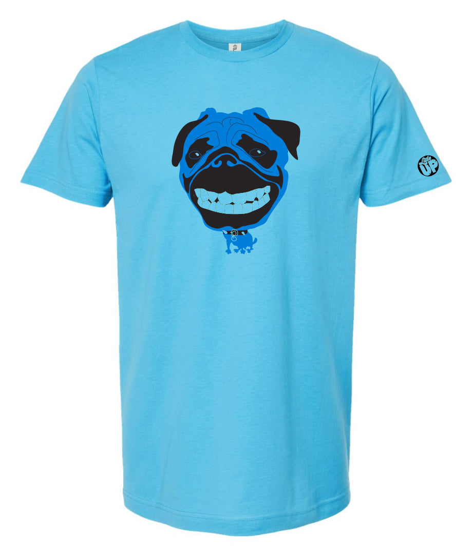 cartoonish illustration of pug dog in blue with very large head and small body printed on light blue t-shirt