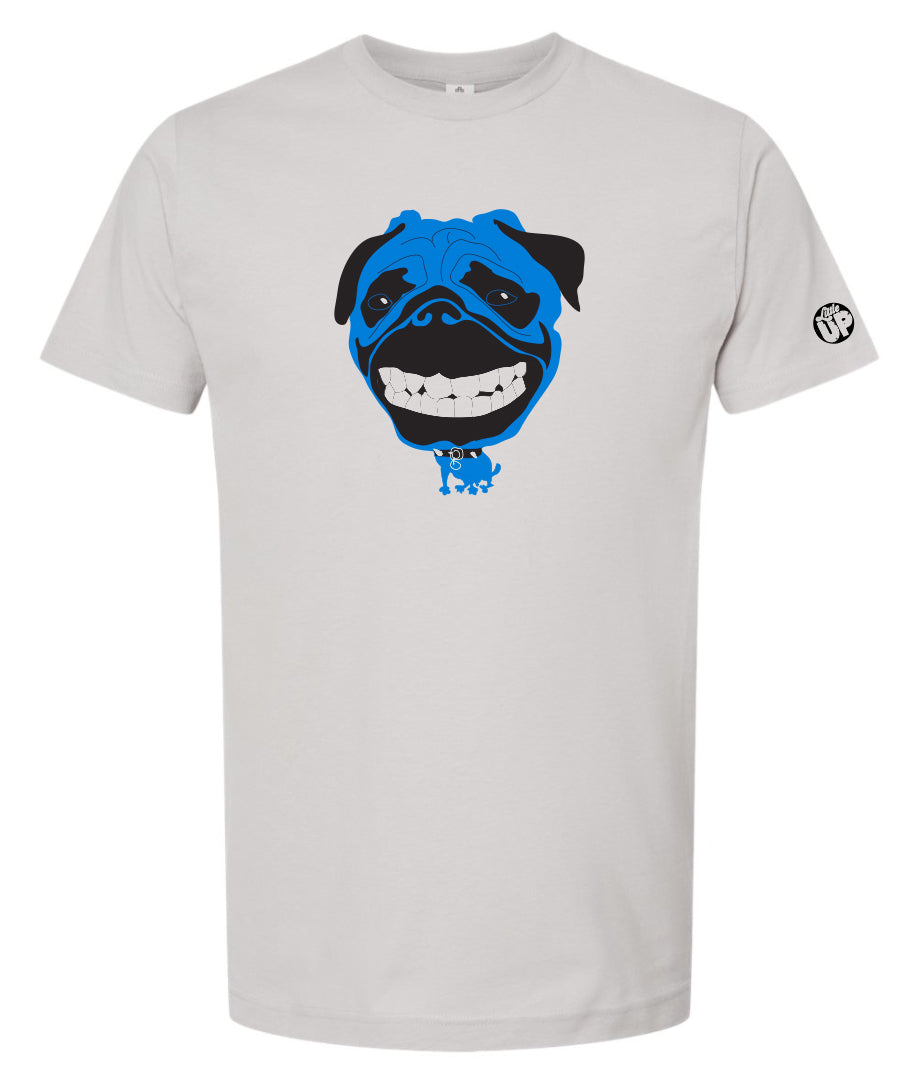 cartoonish illustration of pug dog in blue with very large head and small body printed on light grey t-shirt