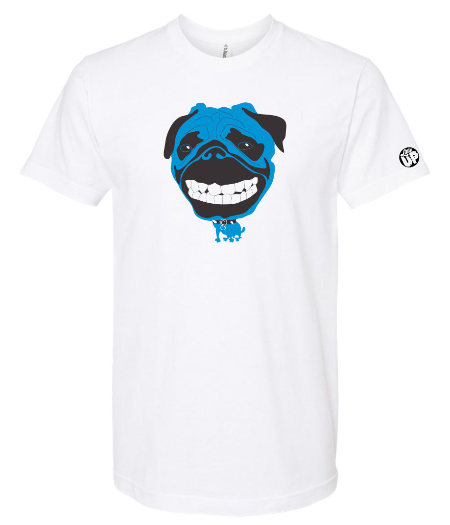 cartoonish illustration of pug dog in blue with very large head and small body printed on white t-shirt