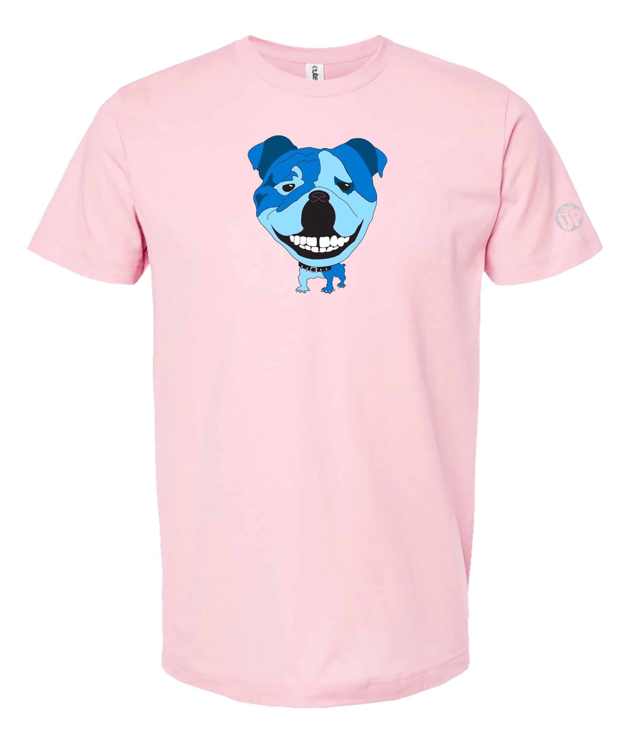 A light pink short-sleeve crewneck t-shirt featuring a cartoon graphic of a blue and white dog's face on the chest, displayed against a solid white background.