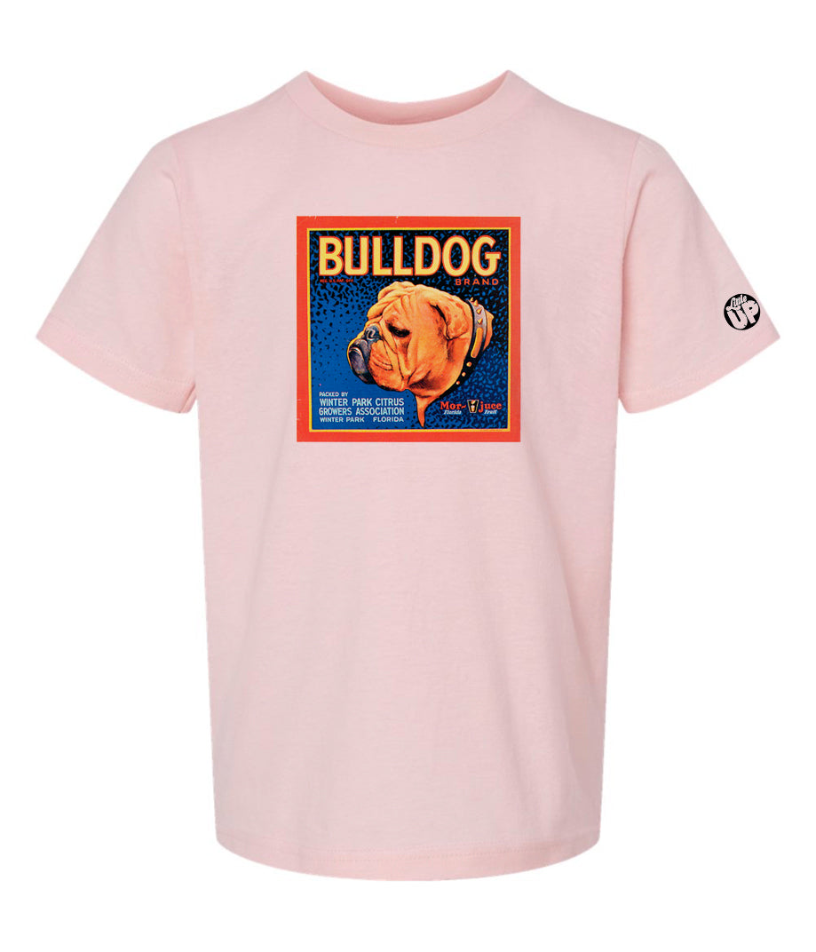 vintage packaging for "Bulldog Brand" citrus with illustration of head of English bulldog in square on pink youth t-shirt on white background