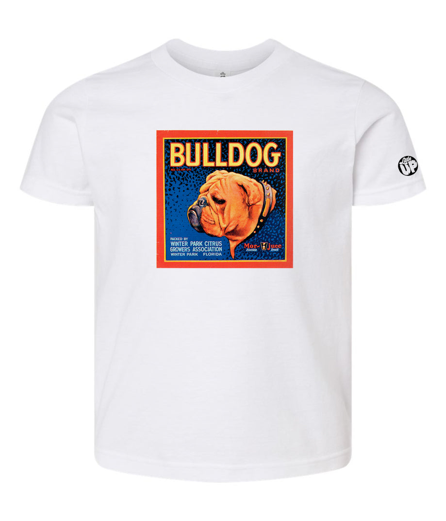 vintage packaging for "Bulldog Brand" citrus with illustration of head of English bulldog in square on white youth t-shirt on white background