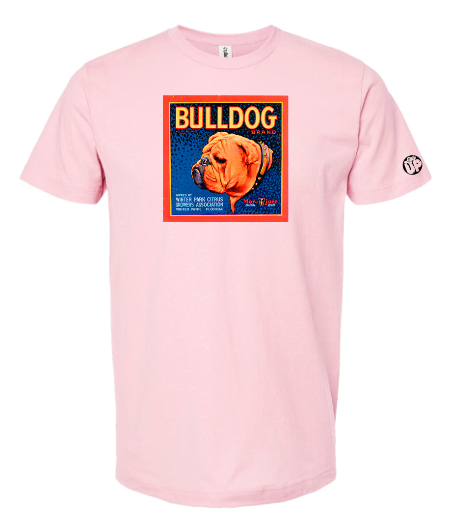 vintage packaging for "Bulldog Brand" citrus with illustration of head of English bulldog in square on pink shirt on white background