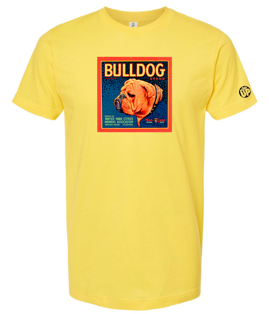 vintage packaging for "Bulldog Brand" citrus with illustration of head of English bulldog in square on yellow shirt on white background