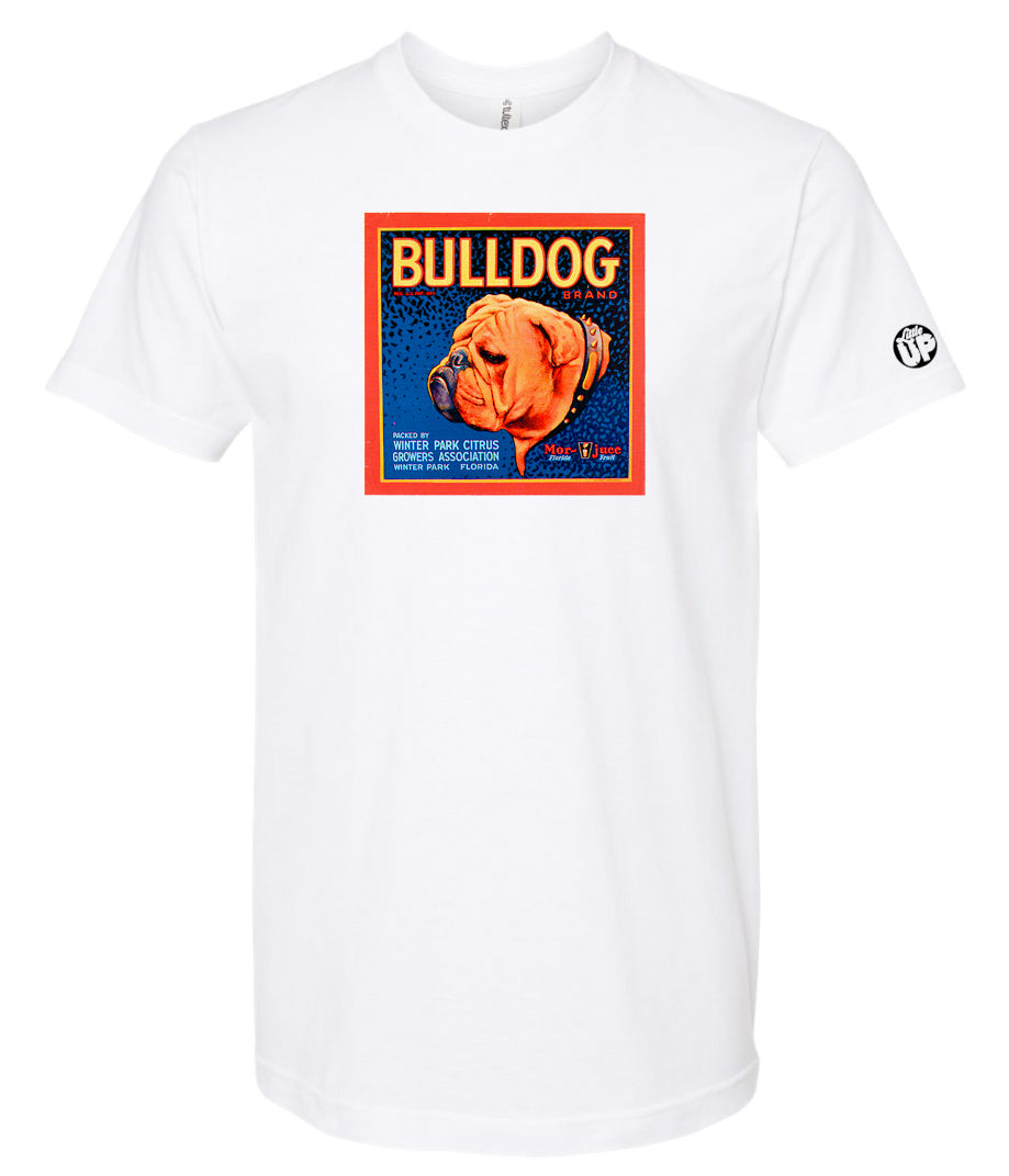vintage packaging for "Bulldog Brand" citrus with illustration of head of English bulldog in square on white shirt on white background