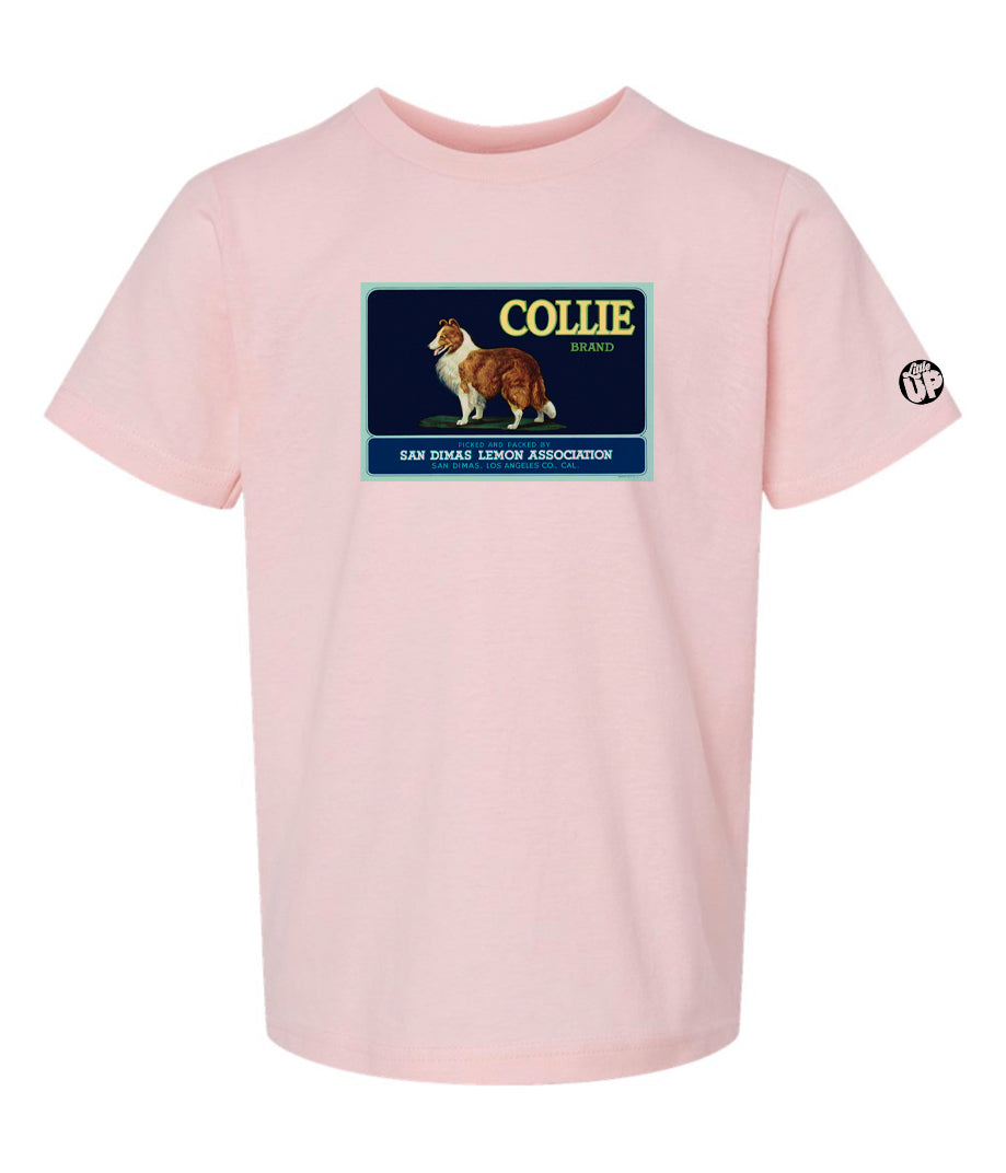 vintage packaging for "Collie Brand" lemons with illustration of collie in horizontal rectangle on pink youth t-shirt on white background
