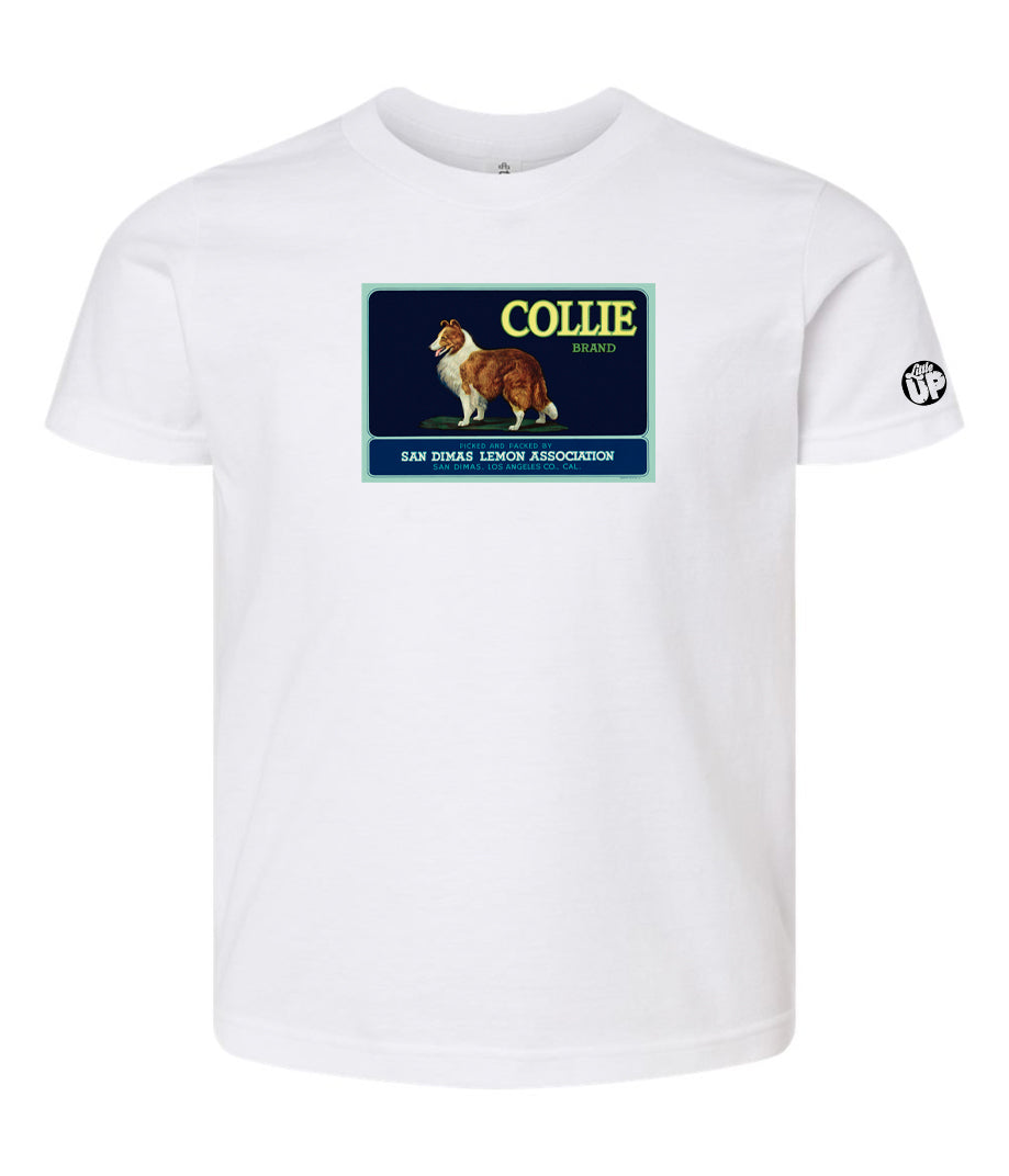 vintage packaging for "Collie Brand" lemons with illustration of collie in horizontal rectangle on white youth t-shirt on white background