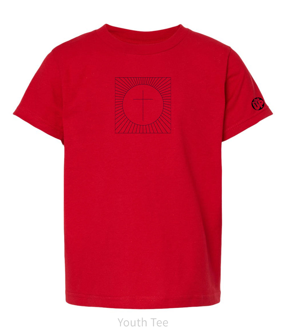 simple cross in a circle which is in a square with lines radiating from the circle to the square, printed in black on a red t-shirt