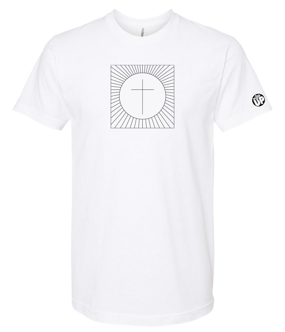 simple cross in a circle which is in a square with lines radiating from the circle to the square, printed in black on a white t-shirt