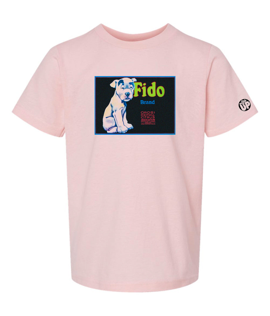 vintage packaging for "Fido Brand" citrus with illustration of dog in horizontal rectangle on pink youth t-shirt on white background