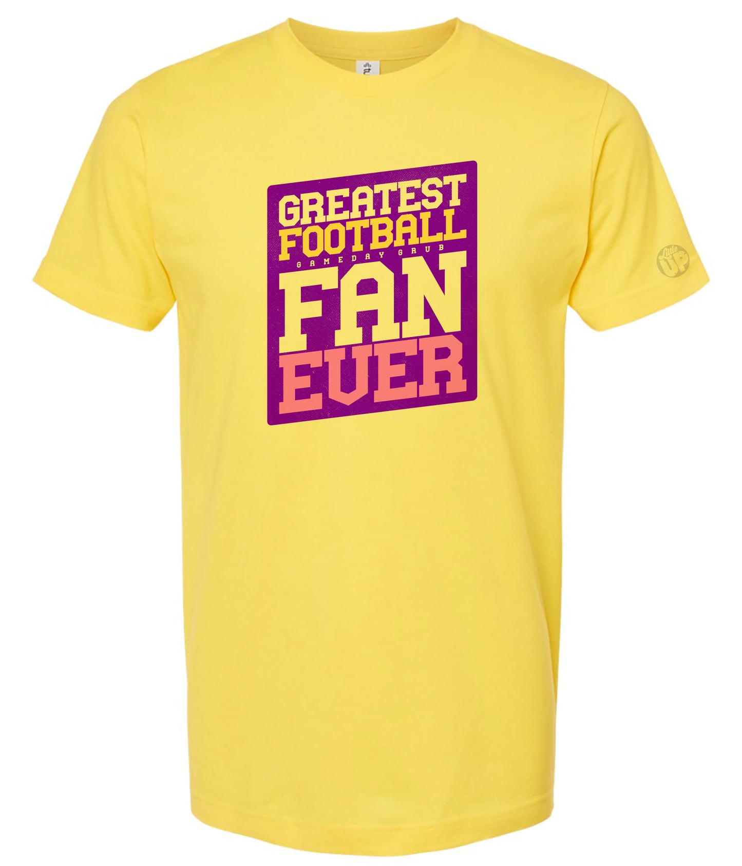 Yellow t-shirt with 'Greatest Football Game Day Grub Fan Ever' text in purple and yellow on a white background