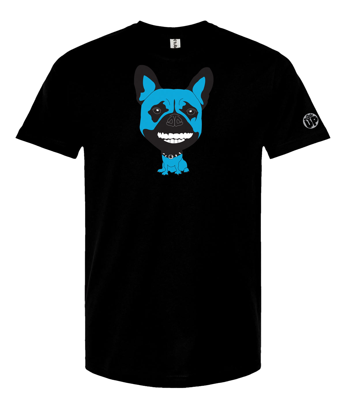 A black short-sleeve crewneck t-shirt featuring a graphic of a blue and black French Bulldog on the chest, with a small white circular logo on the left sleeve, displayed against a solid white background.