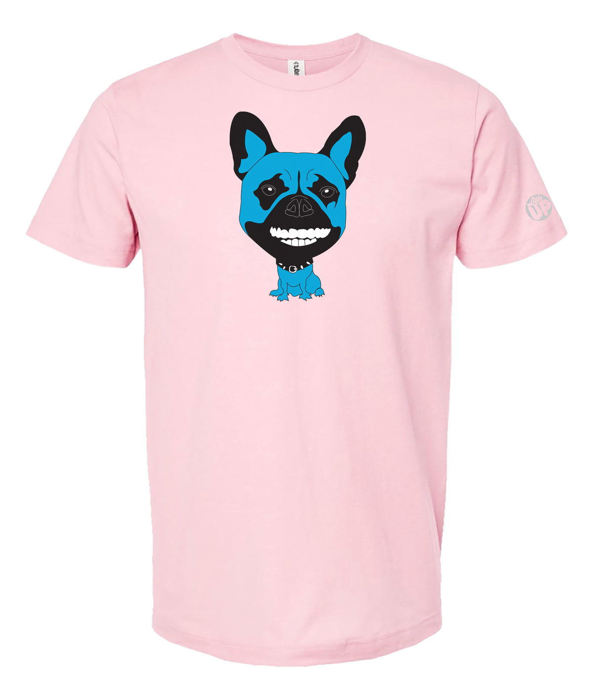 A light pink short-sleeve crewneck t-shirt featuring a cartoon graphic of a blue French Bulldog on the chest, displayed against a solid white background.