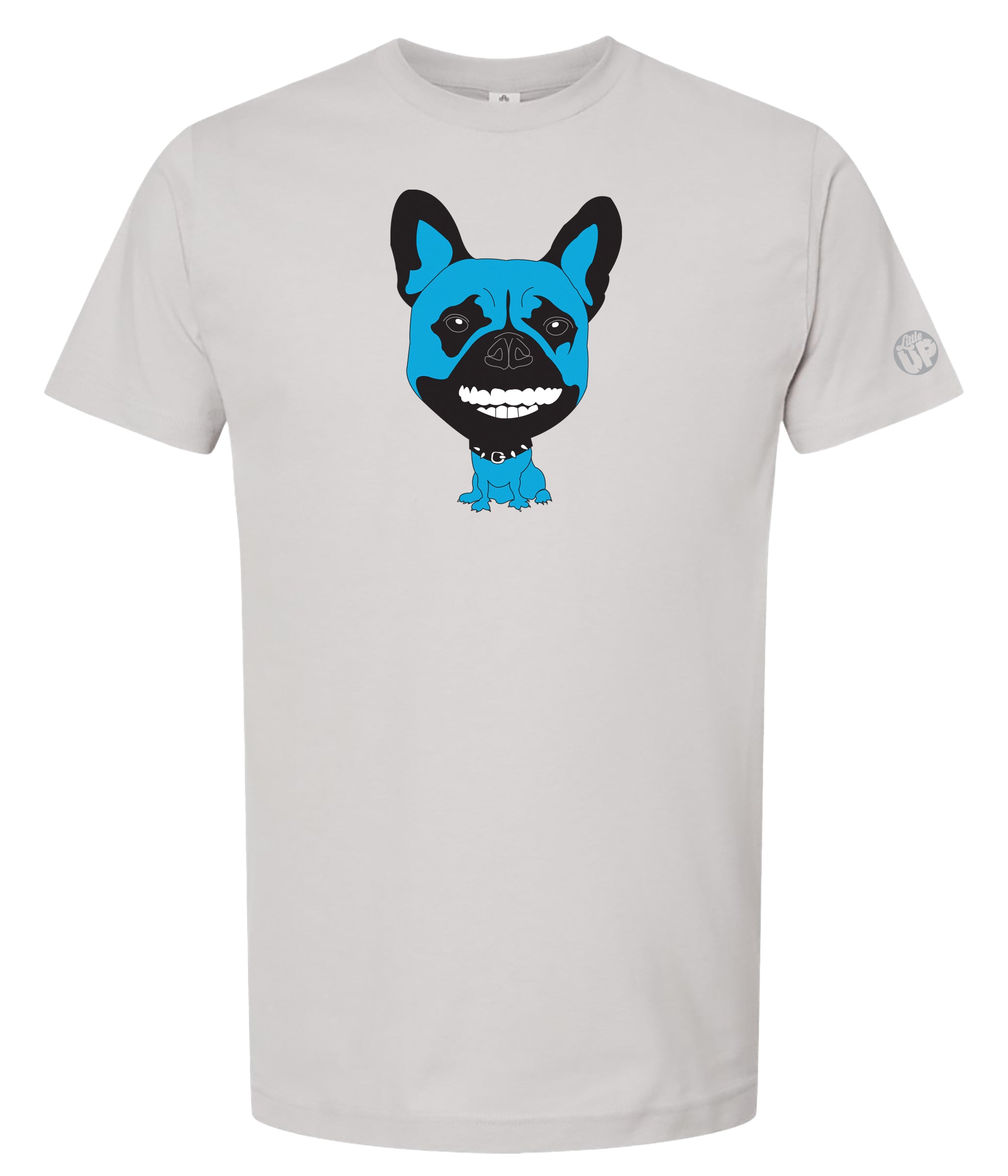 A light gray crewneck t-shirt featuring a cartoon graphic of a blue and black French Bulldog on the chest, displayed against a solid white background.
