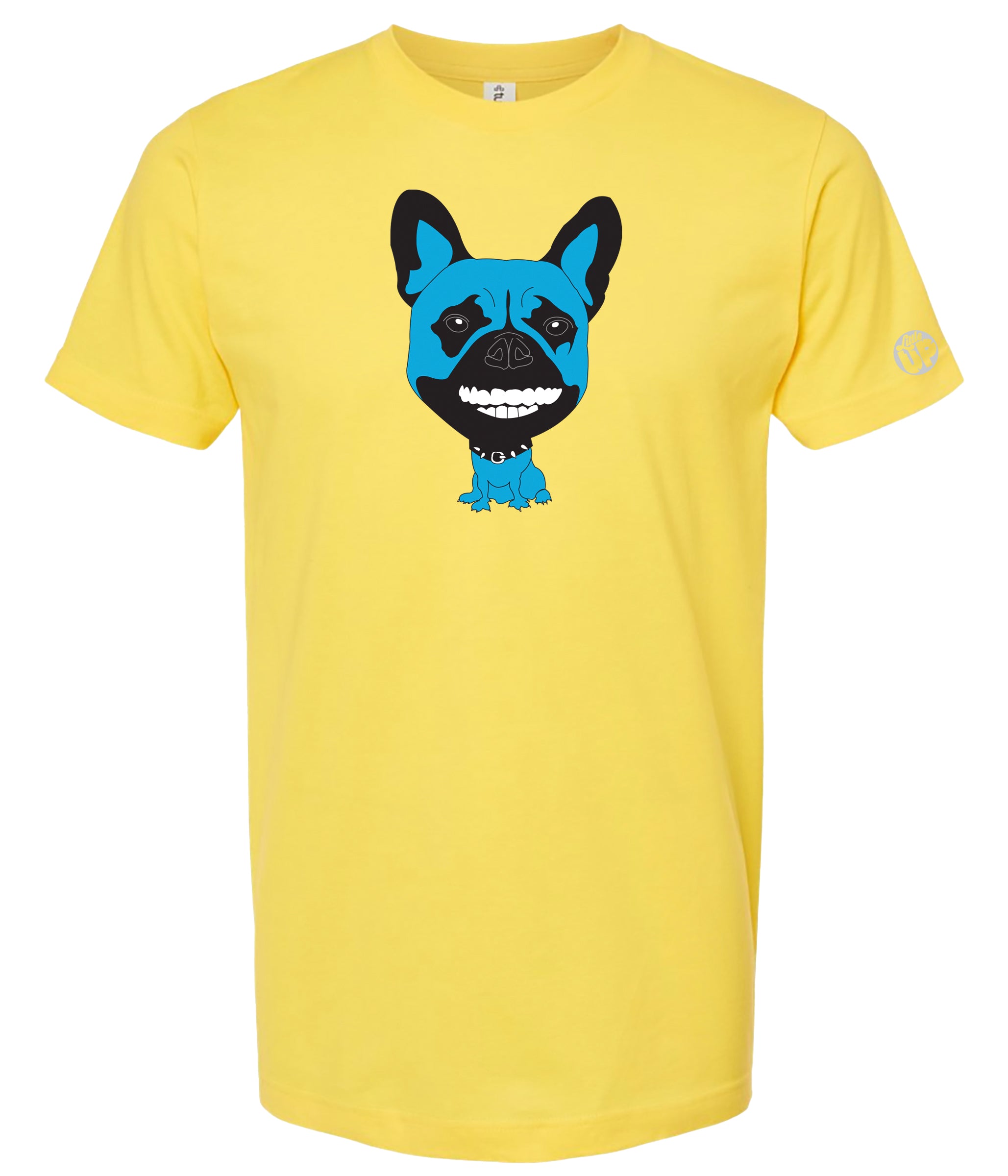 A bright yellow short-sleeve crewneck t-shirt featuring a cartoon graphic of a blue and black French Bulldog on the chest, displayed against a solid white background.