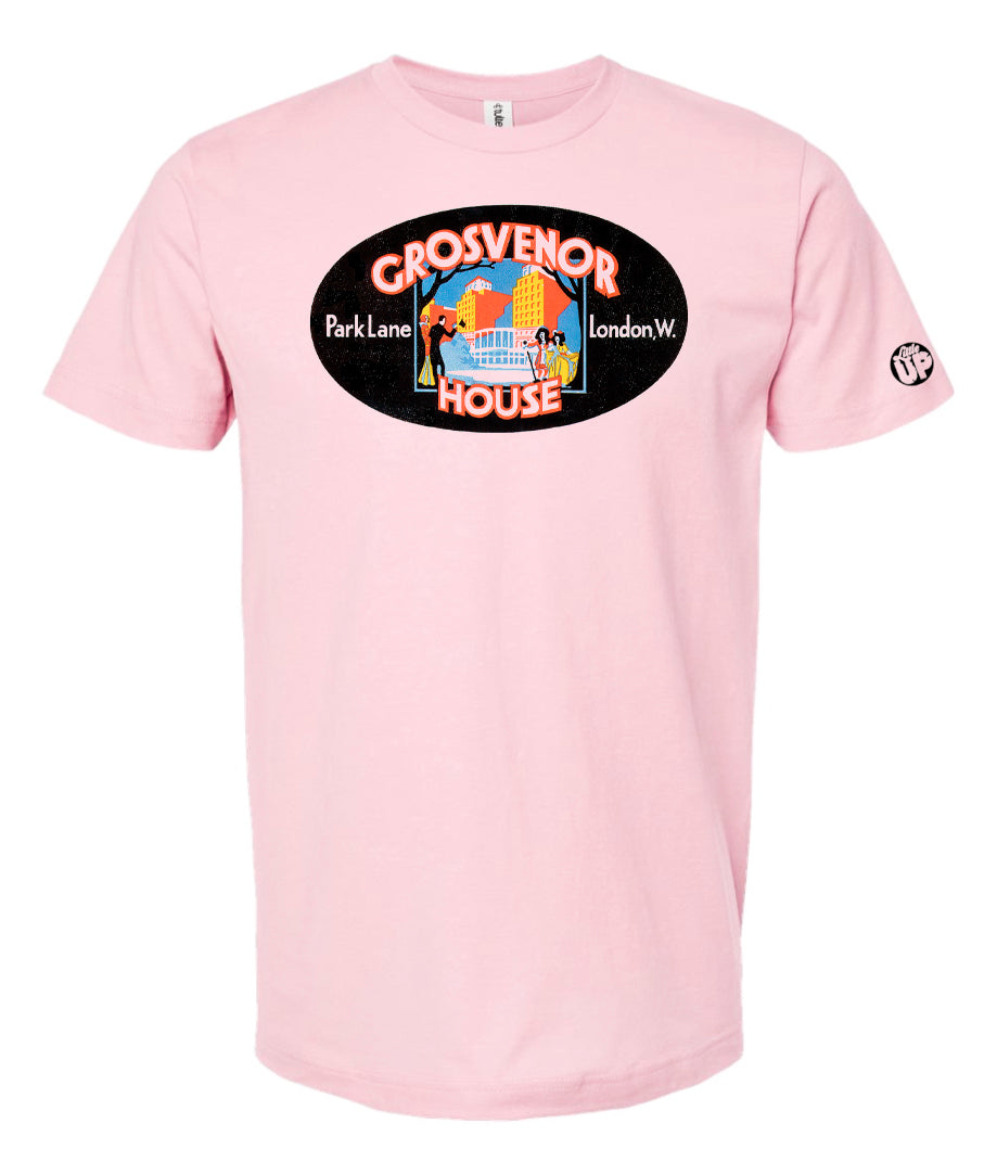 vintage oval horizontal illustration of old hotel in London, colors include red, blue, orange, teal, yellow and black, printed on pink t-shirt on white background