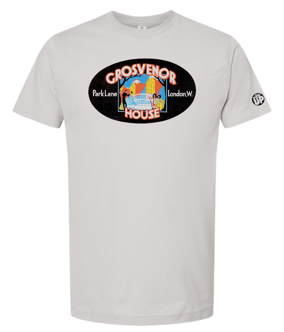 vintage oval horizontal illustration of old hotel in London, colors include red, blue, orange, teal, yellow and black, printed on light gray t-shirt on white background