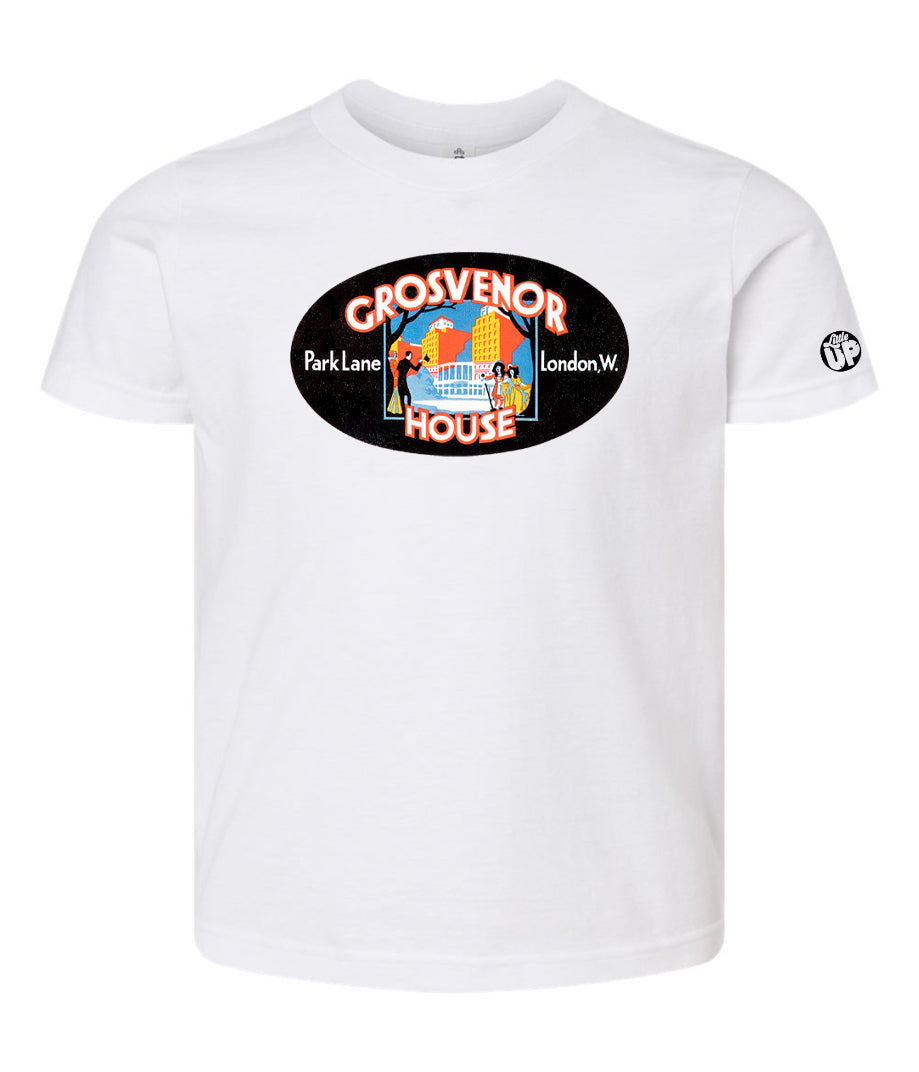 vintage oval horizontal illustration of old hotel in London, colors include red, blue, orange, teal, yellow and black, printed on white youth t-shirt on white background