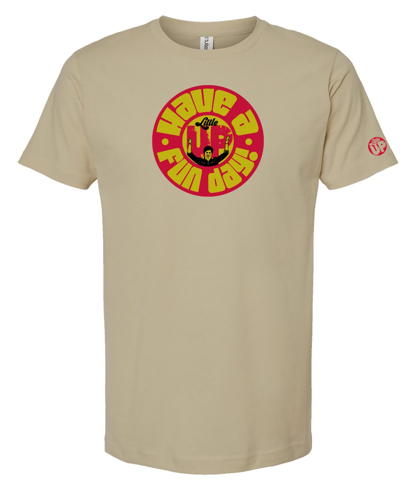 Beige tee with a red and yellow "Have a Fun Day!" graphic design on a white background