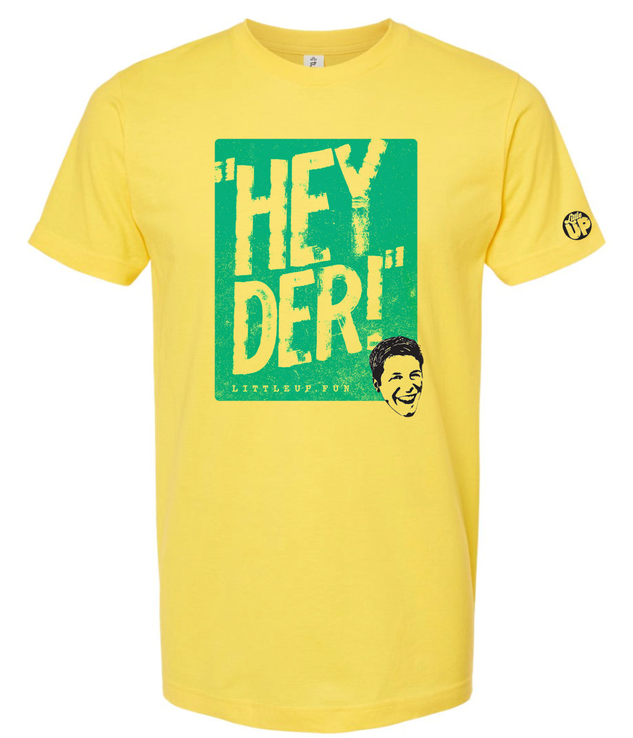 "HEY DER!" large in bright blue box with young man with big smile in the lower right corner on yellow t-shirt